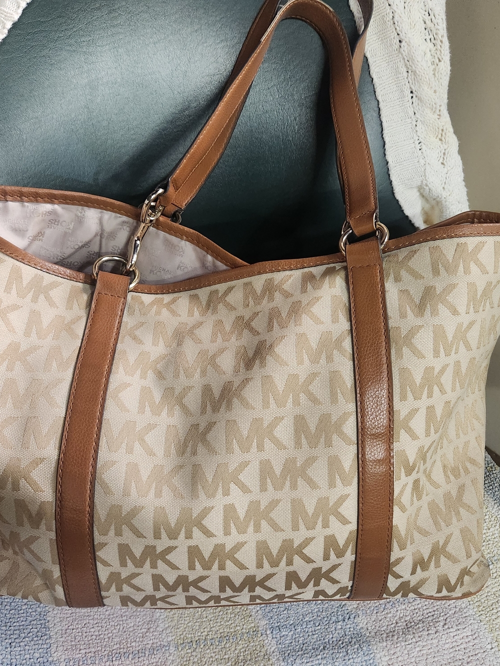 Michael Kors Beige Logo Tote with Brown Leather Trim